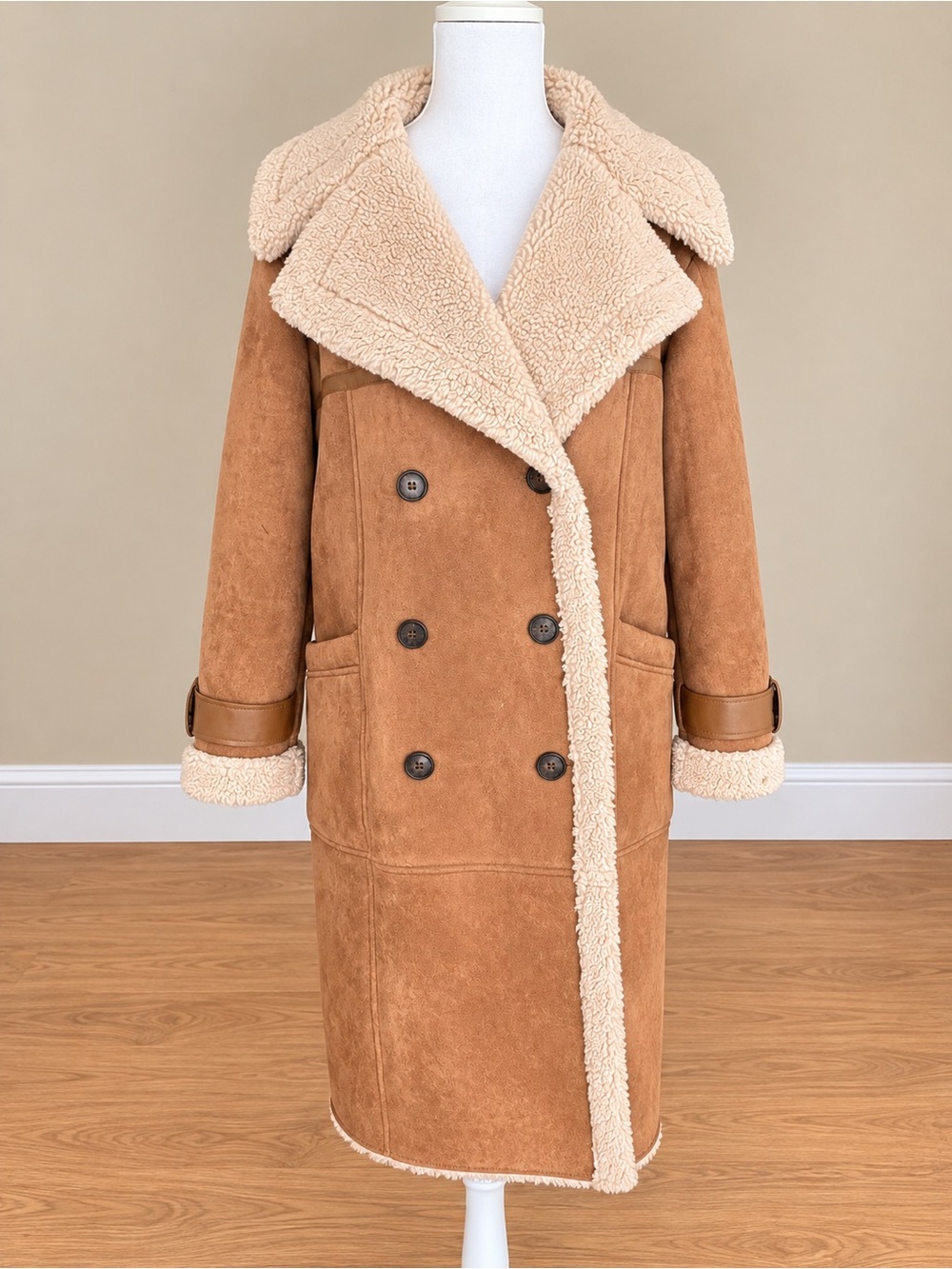 Avec Les Filles Tan Suede Double-Breasted Shearling Pea Coat with Cream Trim